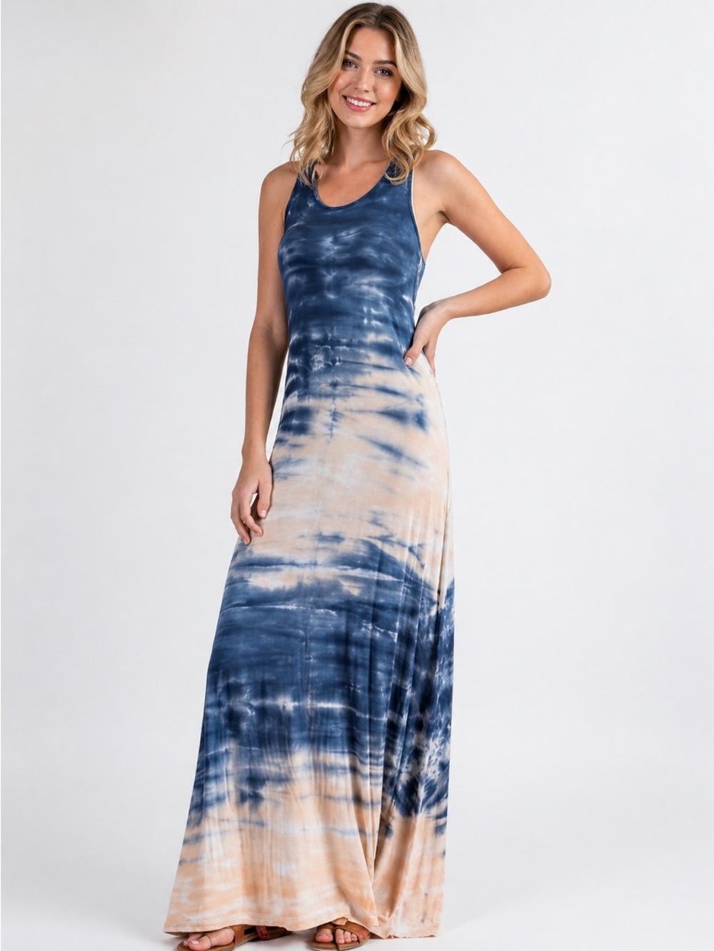 143 Story Blue & Peach Tie-Dye Maxi Dress – Stretchy‎ Rayon – Small and Med